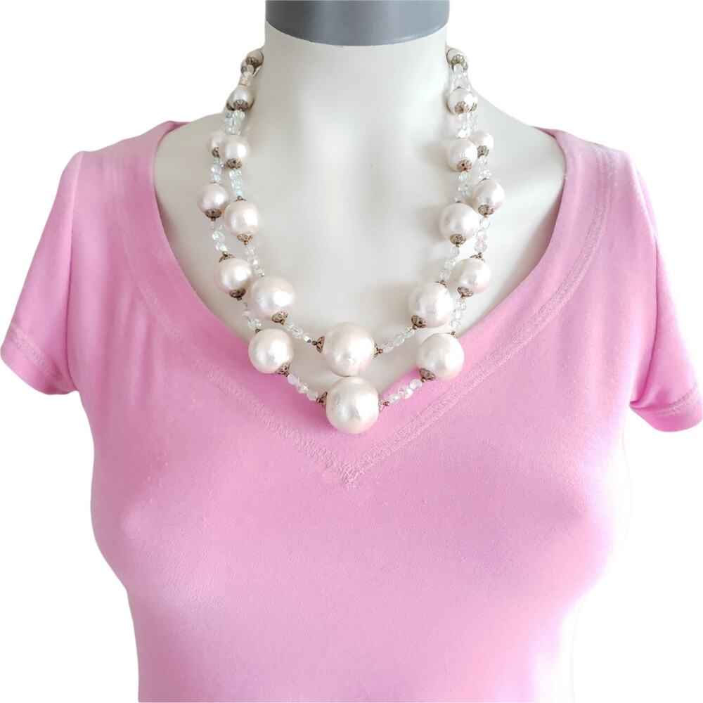 Vtg 50s double strand faux pearl snowball crystal statement necklace mid century